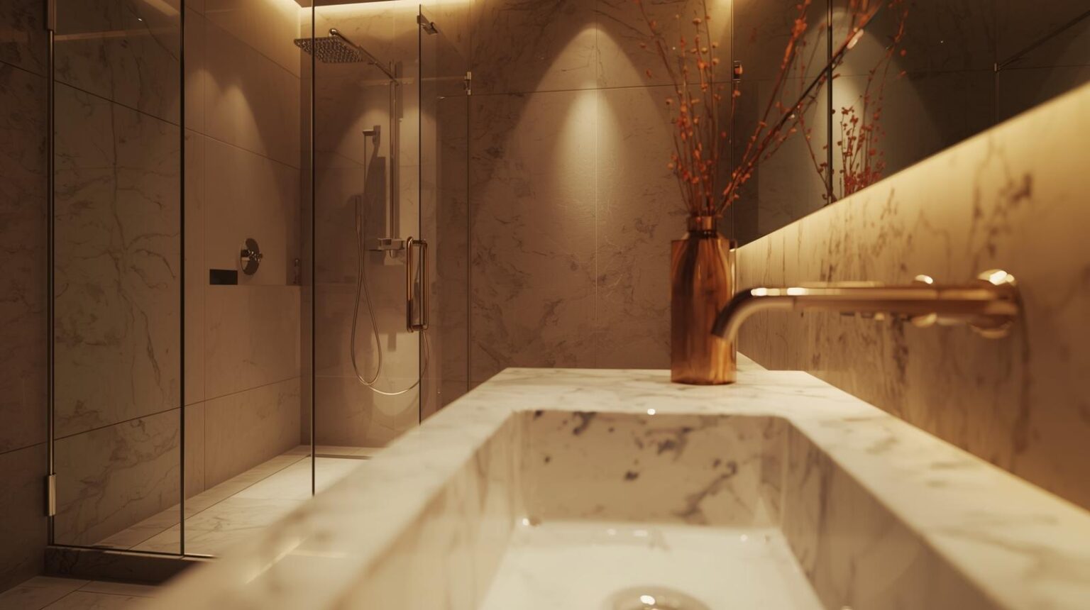 _A modern bathroom seen from another angle, with marble sink, glass shower, minimalist decoration, warm lighting, realistic rendering, high quality._ (1)