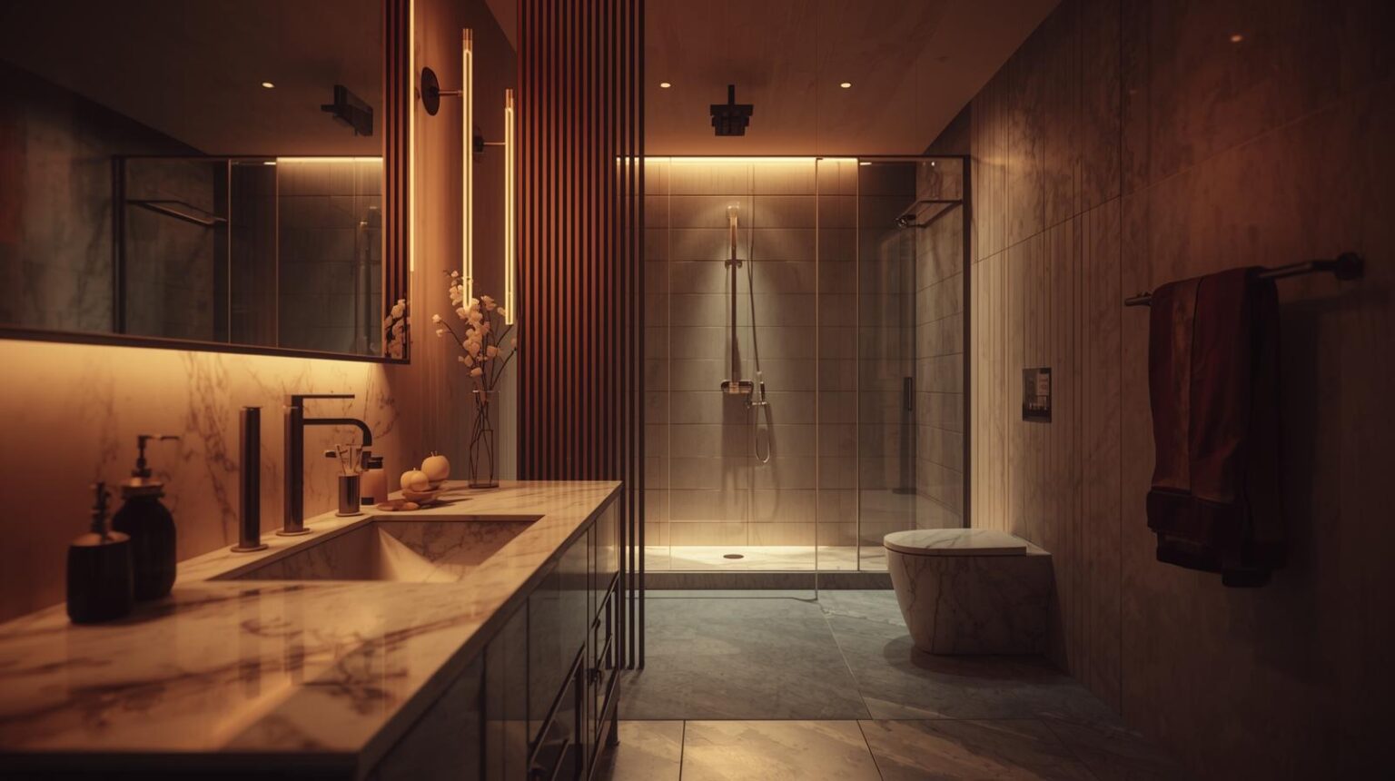 _A modern bathroom seen from another angle, with marble sink, glass shower, minimalist decoration, warm lighting, realistic rendering, high quality._