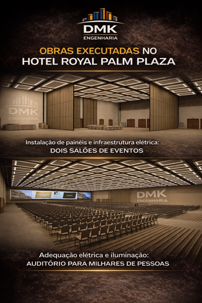 Obra executada no Hotel Royal Palm Plaza. Execução de infraestrutura elétrica, instalação de painéis e sistema de iluminação em dois grandes salões de eventos e auditório com capacidade para milhares de pessoas, seguindo padrão técnico de engenharia.